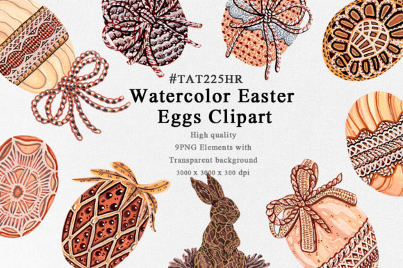 9 Watercolor Easter Eggs Bunny Clipart