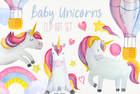 Baby Unicorns Watercolor Clip Art Set