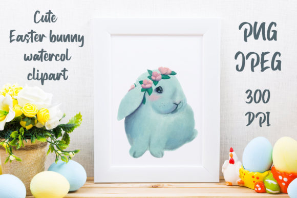 Cute Watercolor Easter Bunny Flowers Illustrations