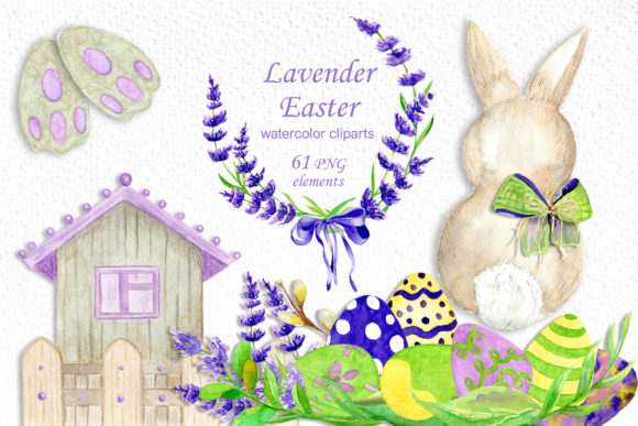 Easter Bunny Clipart, Watercolor Lavende Illustrations