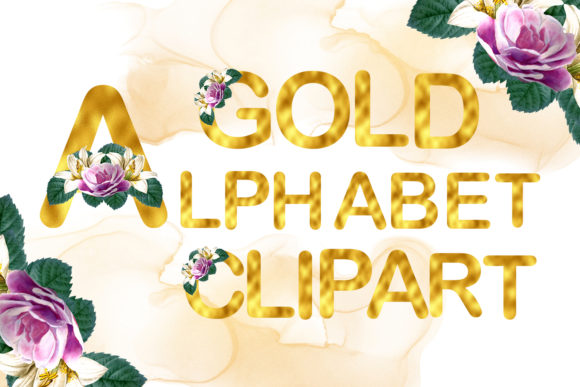 Gold Watercolor Rose Alphabet Clipart and Illustrations