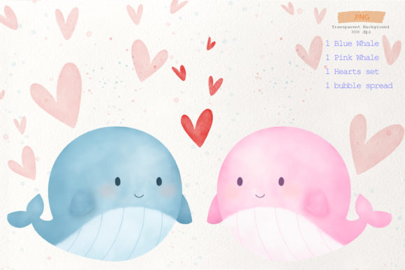 Lovely Whales Watercolor Hand Drawn Illustrations