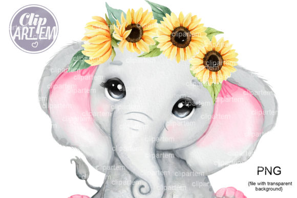 Pink Elephant Sunflower Crown Watercolor Illustrations