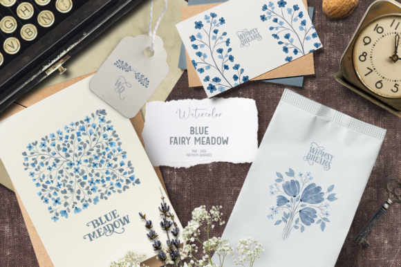 Romantic Blue Watercolor Flowers Illustrations