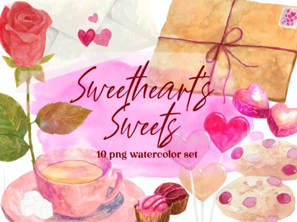 Valentine Sweets Watercolor Clipart Set and Illustrations