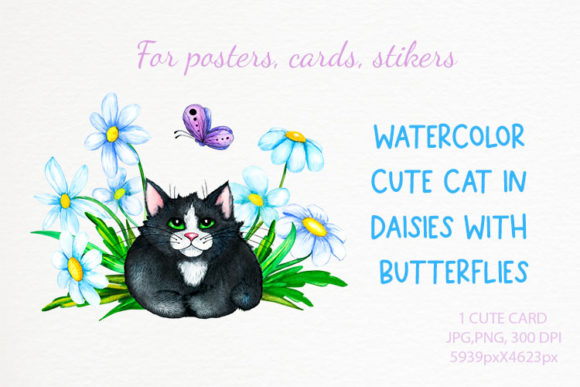 Watercolor Black Cute Cat in Daisies