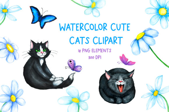 Watercolor Cute Cats, Butterflies