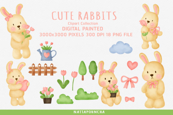 Watercolor Cute Rabbit Clipart and Illustrations