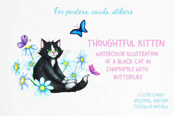 Watercolor Cute Sad Cat in Flowers. Baby Illustrations