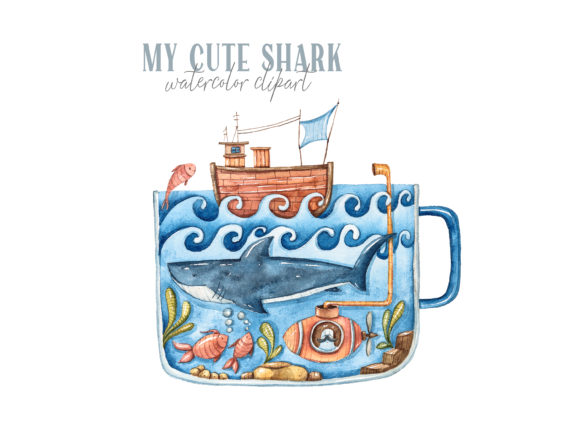 Watercolor Cute Shark Clipart and Illustrations