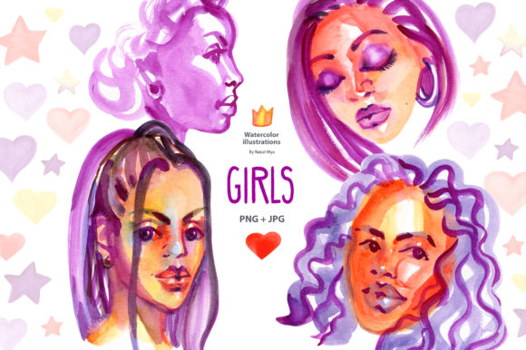 Watercolor Fashion Afro Girls Illustrations