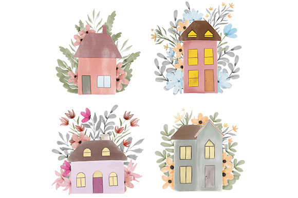 Watercolor Floral House Illustration Set