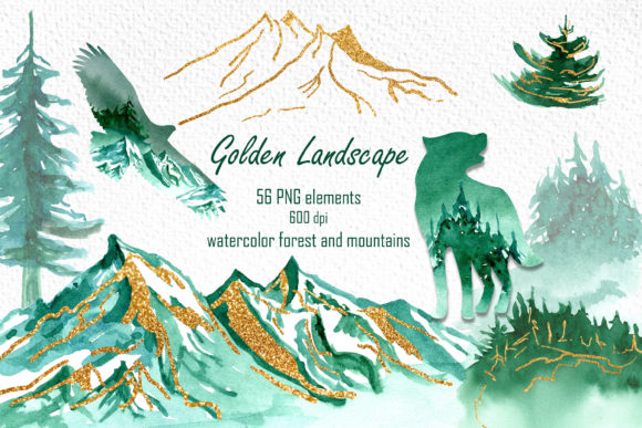 Watercolor Golden Landscape Clipart and Illustrations