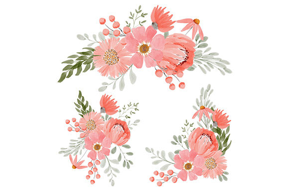 Watercolor Peach Flower Bouquet Set Illustrations