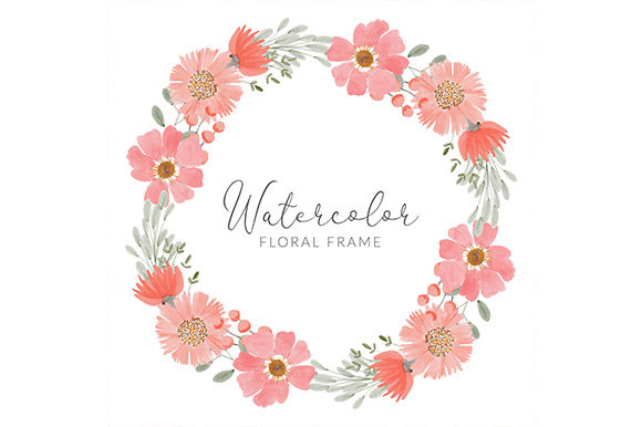 Watercolor Peach Flower Circle Wreath Illustrations