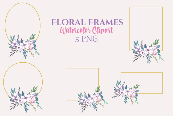 Watercolor Purple Gold Floral Frames Illustrations