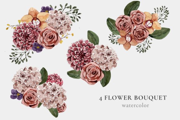 Watercolor Set of Bouquets of Roses 4 Illustrations