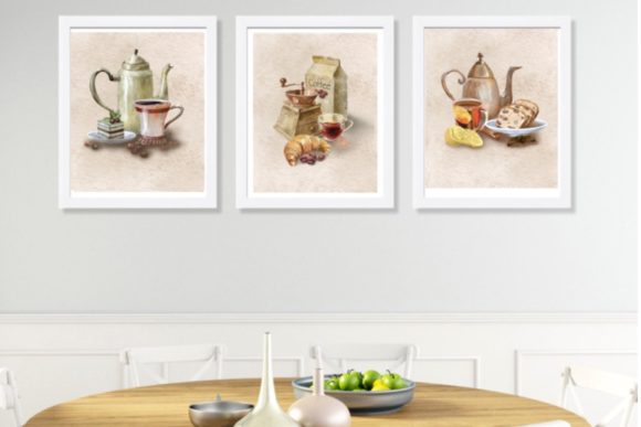 Watercolor Set Poster Coffee and Tea Illustrations