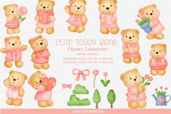 Watercolor Teddy Bear Bundle and Illustrations