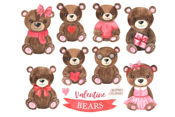 Watercolor Valentine Day Bear Clipart and Illustrations
