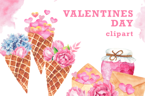 Watercolor Valentine's Day Pink Clipart and Illustrations