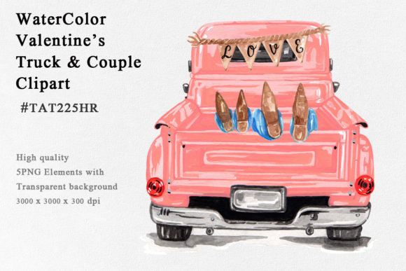 Watercolor Valentine's Truck Couple